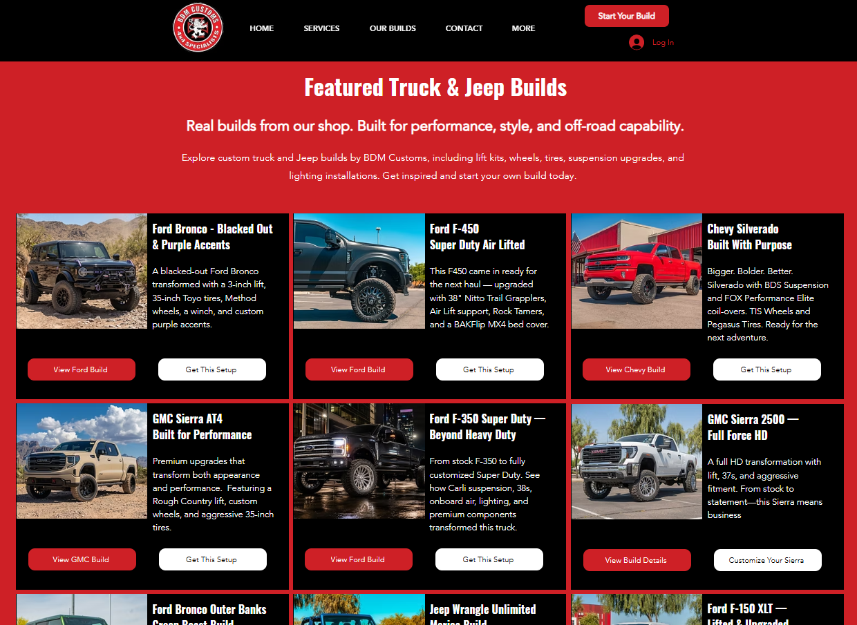 BDM Customs Featured Builds page showcasing completed truck builds and installation specifications